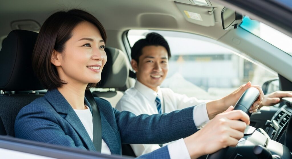 運転講習が始まり、インストラクターのサポートを受けながら安心した表情で運転する女性