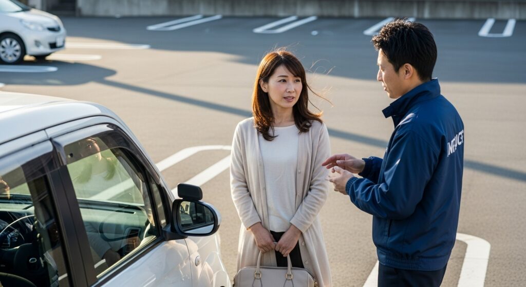 「駐車場でインストラクターに相談する女性受講者の様子。回数プランでは成果が出ず、新たな指導を求めている場面。」