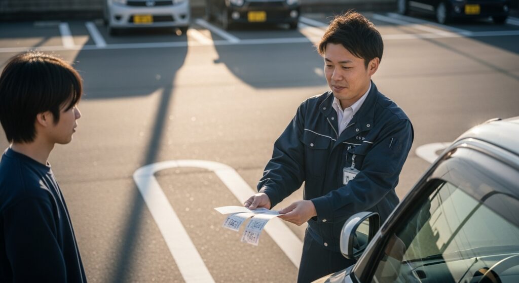「インストラクターが駐車場で受講者に回数券を手渡しながら説明している様子」