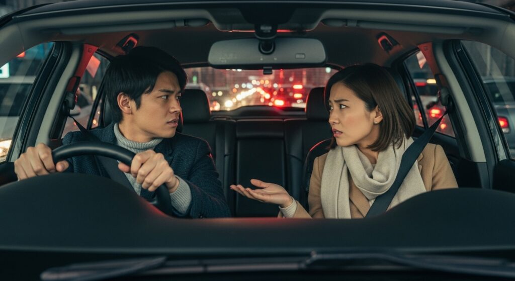 渋滞の車内で、運転中の男性と助手席の女性が険しい表情で言い合っている様子。強い口調や急かす言葉が運転の集中に影響を与える場面を表したシーン。