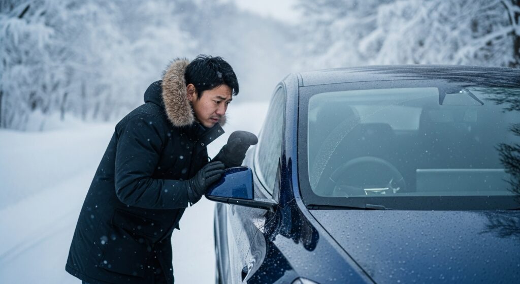 「厳冬の雪道でテスラ車の様子を確認する男性。低温によるバッテリー状態を気にして車体を見ているシーン。」