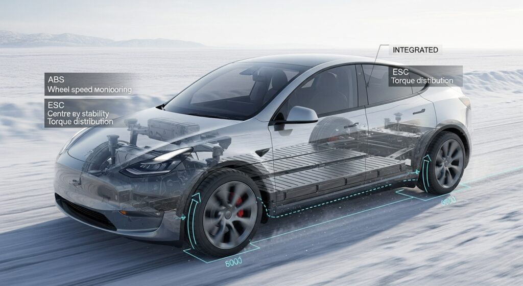 「雪道を走行するテスラ車の内部構造を示した図で、床下に配置されたバッテリーとABS・ESCによるトラクション制御が可視化され、低重心と統合電子制御による安定性が表現されている。」