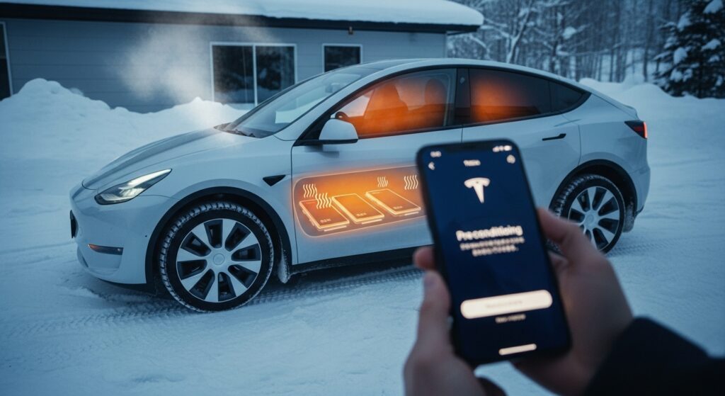 「雪の朝、スマートフォンからテスラのプレコンディショニングを起動し、車体内部のバッテリーが加温されている様子が可視化されているシーン。」