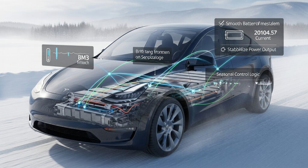 「冬の雪道を走行するテスラ車の内部構造を示した図で、BMSによる電池温度管理や電力出力の安定化、季節ごとの制御ロジックが可視化されている。」