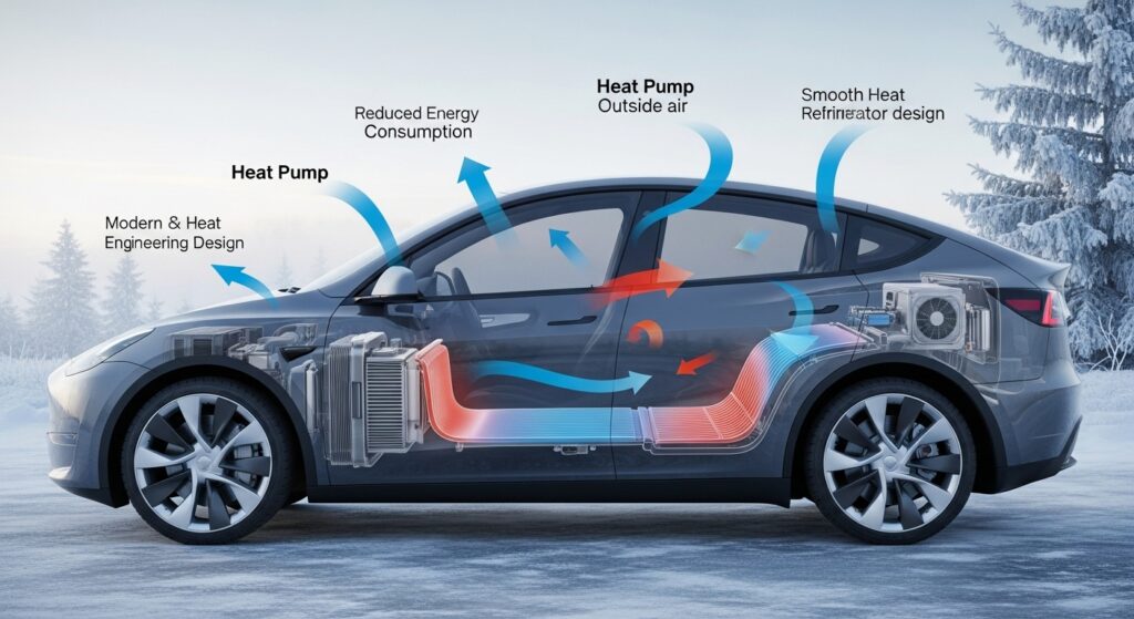 「冬の環境下で作動するテスラのヒートポンプ式エアコンの内部構造を示した図で、外気の熱を取り込み車内へ効率的に循環させる仕組みが可視化されている。」