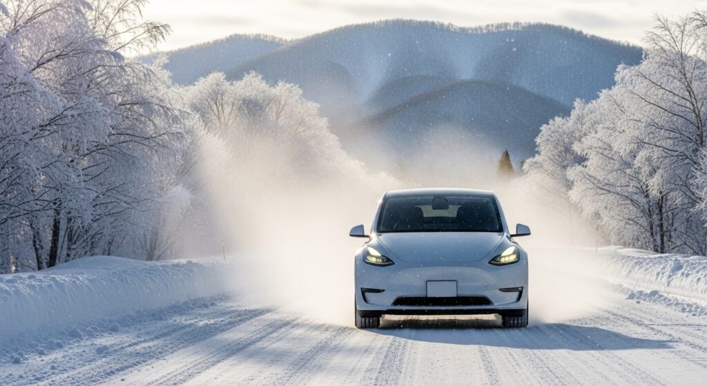「冬の北海道の雪道を走行するテスラModel Yが、粉雪を巻き上げながら前方へ進む様子。朝日が差し込む中、白銀の樹木と山々が背景に広がっている。」