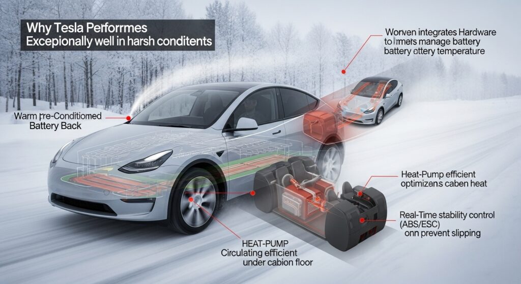 雪道を走るテスラの内部構造を透過表示し、ヒートポンプ、バッテリー温度管理、AWD制御、ABS/ESCによる安定化など冬の走行性能を説明する技術図解。
