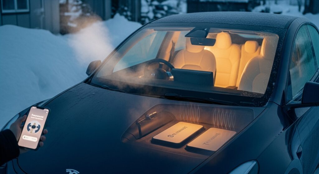「スマートフォンからテスラのプレコンディショニングを起動し、寒い朝に車内とバッテリーを事前加温している様子。」