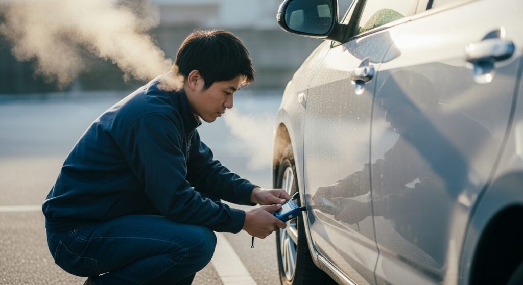 寒い朝の駐車場で、若い男性がタイヤの空気圧を測定している様子。白い息が上がる中、帰省前の安全確認として丁寧にチェックしているシーン。