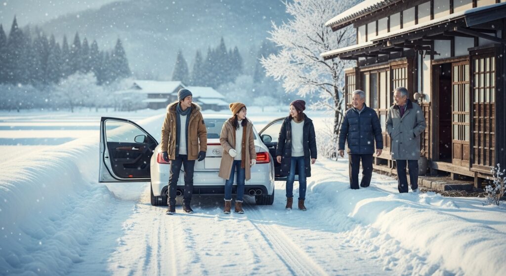 雪景色の田舎の実家に車で到着し、家族が玄関先で笑顔で出迎えているシーン。年末年始の帰省で再会を喜ぶ家族の様子。