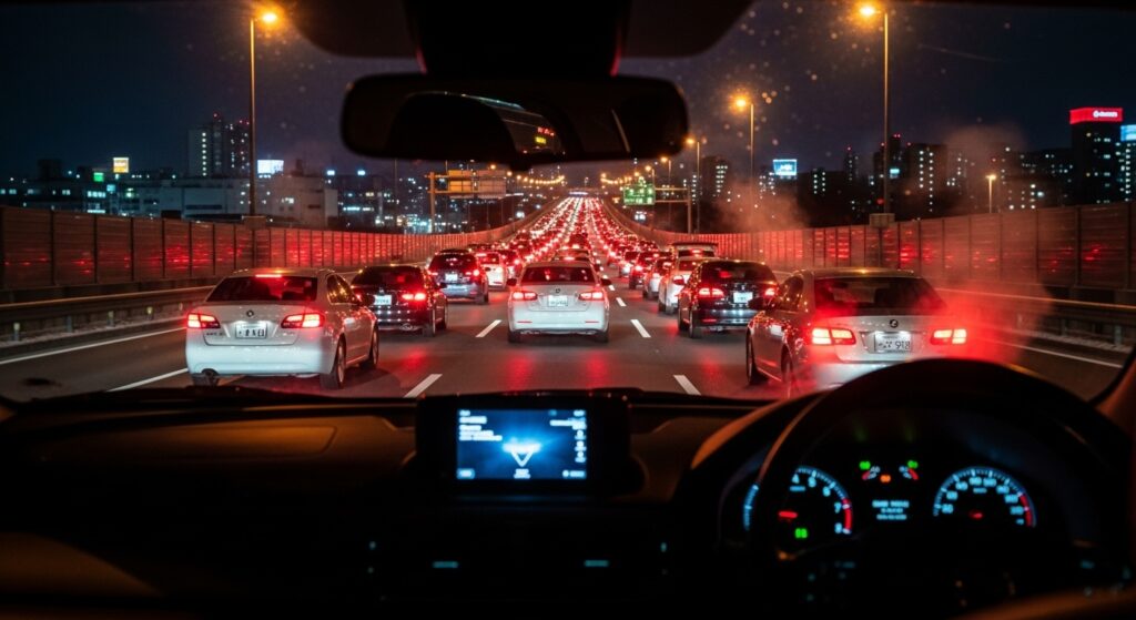 年末年始の帰省ラッシュで渋滞する夜間の高速道路を車内から見た様子。前方に長く続くブレーキランプと、都市の夜景が広がっているシーン。
