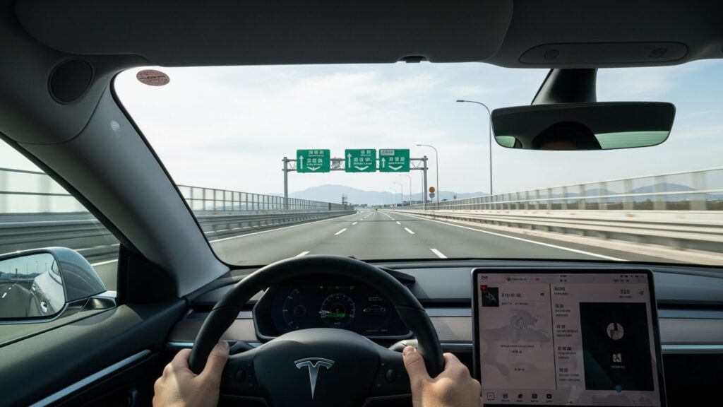 高速道路を走行する車の車内視点。ACCや車線維持支援など、2026年以降に普及が進む先進運転支援技術を象徴するシーン。