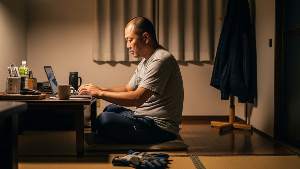 自宅でパソコン作業をしながら真剣に資料を確認する男性。2026年道路交通法改正を“他人ごと”にせず、意識や行動のアップデートが必要であることを象徴するシーン。