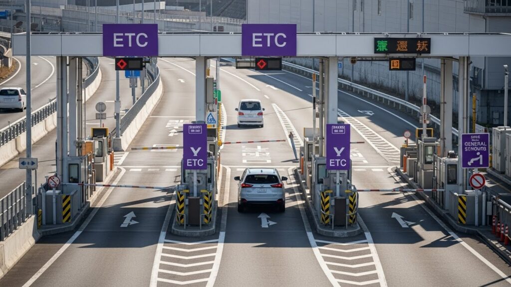 ETC専用レーンを走行する車が並ぶ高速道路の料金所。2026年道路交通法改正とともに進むETC専用化や、料金所での速度管理・通行ルールの重要性を示す場面。