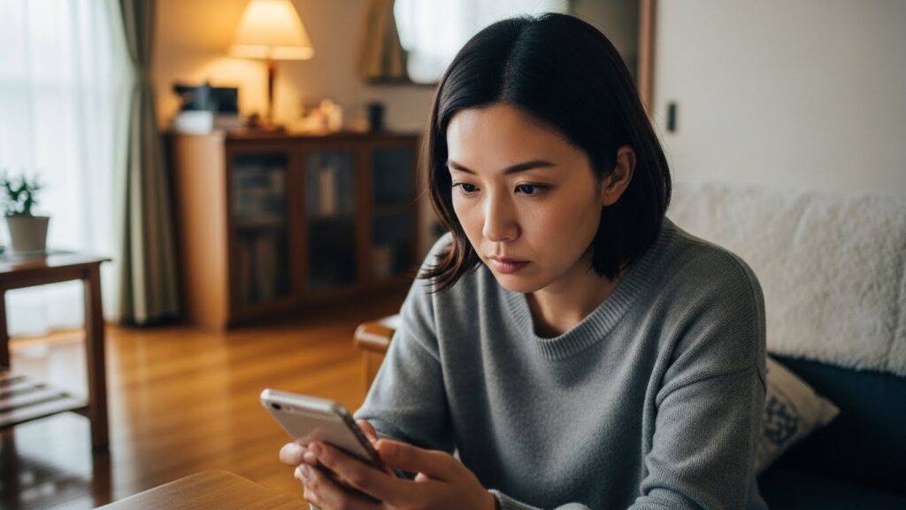 自宅でスマートフォンを見ながら、道路交通法改正の情報や日常でできる準備を確認している女性の様子。2026年改正に向けた小さな行動の積み重ねを象徴するシーン。