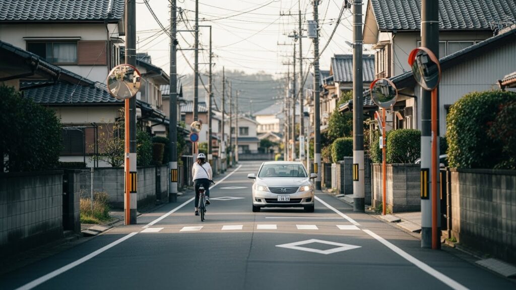 生活道路で自転車と車がすれ違う様子を捉えた写真。狭い道路での安全な通行や、2026年道路交通法改正で注目される車間距離の確保を示すシーン。