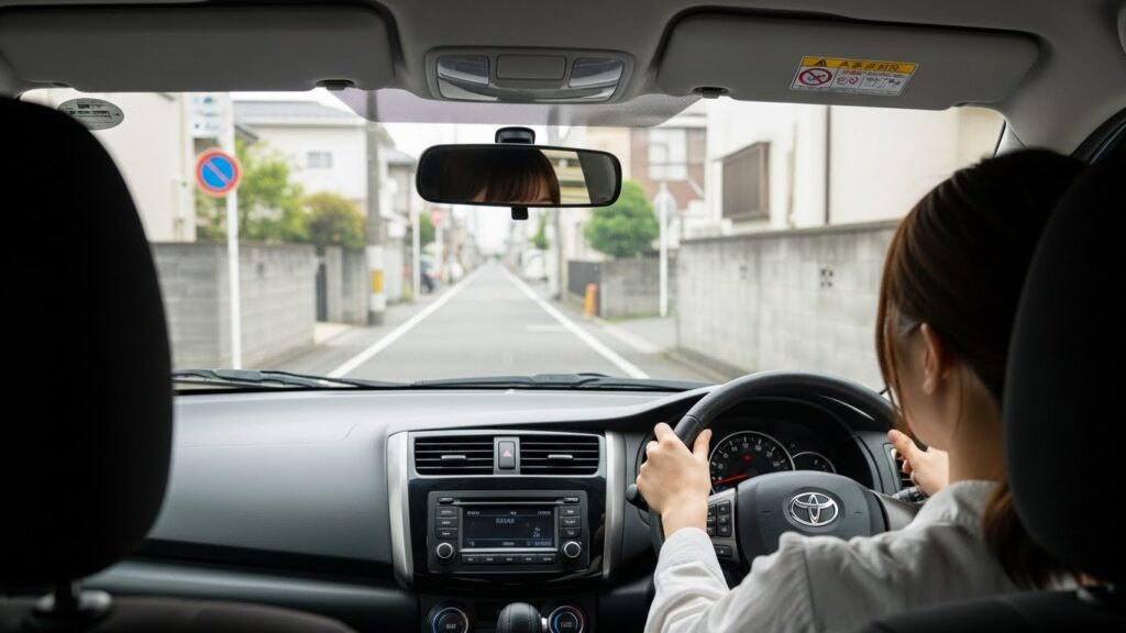 生活道路を慎重に走行しながら運転への不安と緊張を抱える初心者ドライバーの視点