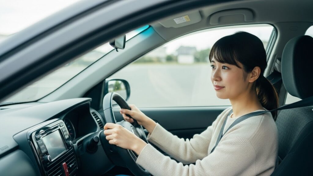 運転中の女性ドライバーが落ち着いた表情でハンドルを握り、自信をつけながら走行している様子