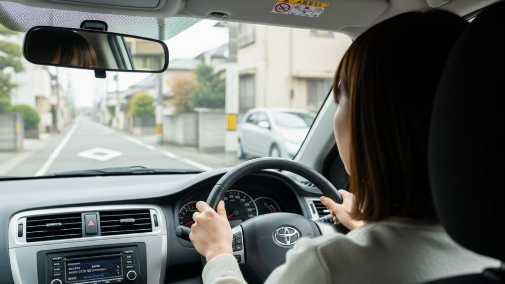 生活道路を走りながら慎重に車幅を確認して運転する初心者ドライバーの視点