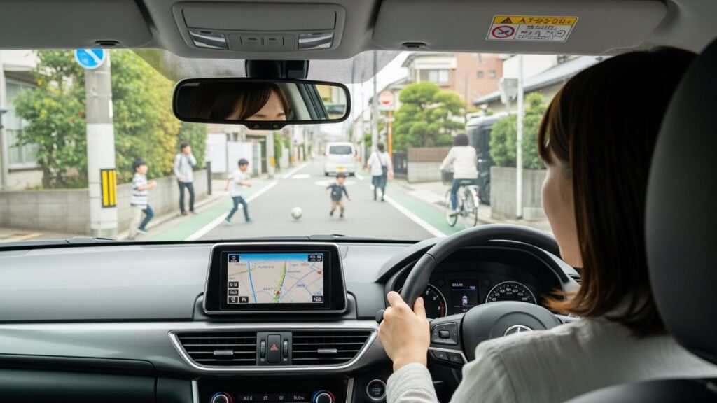 生活道路で、ナビを確認しながら子どもの飛び出しや自転車、歩行者に注意して運転する初心者ドライバーの視点