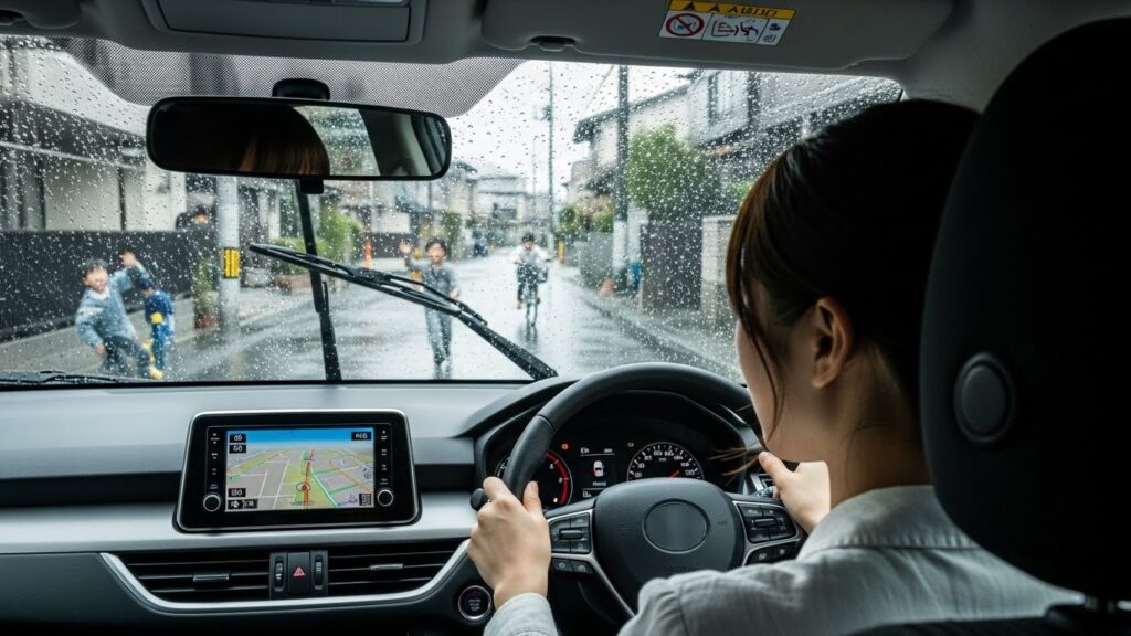 雨で視界が悪い生活道路を、ナビを確認しながら子どもの飛び出しや自転車に注意して運転する初心者ドライバーの視点