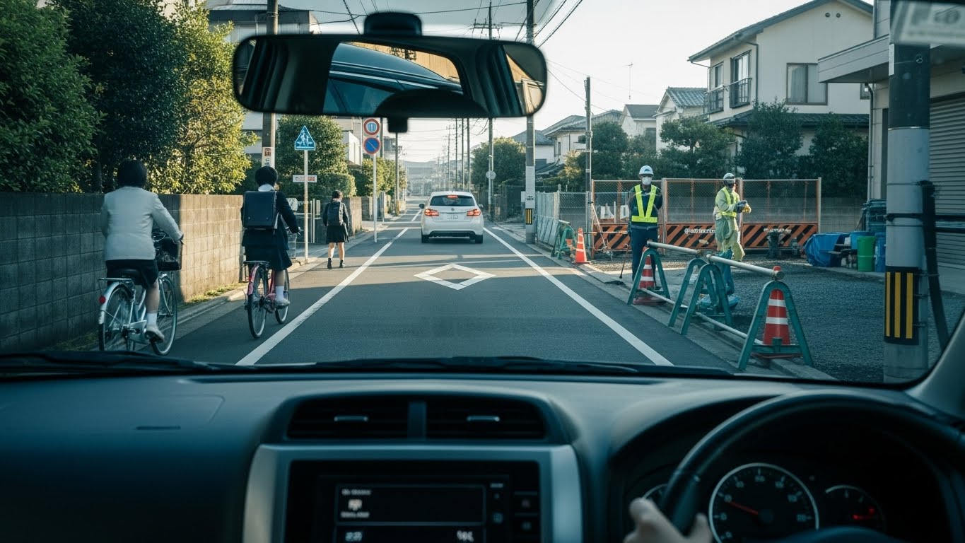 通学時間帯の生活道路を走る車内視点。自転車や歩行者、道路工事など複数の注意対象が重なる中で、安全確認が求められるシーン。
