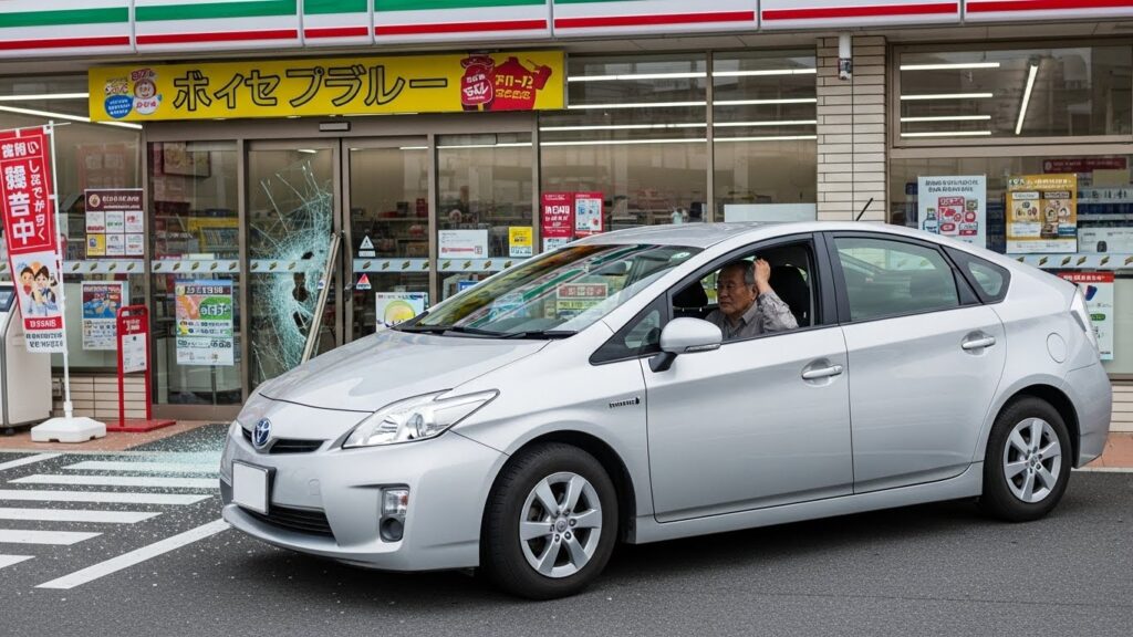 コンビニの前で車が誤って突入した直後の様子。認知負荷の高まりや判断ミスのリスクを示し、2026年道路交通法改正で求められる認知力向上の重要性を象徴するシーン。