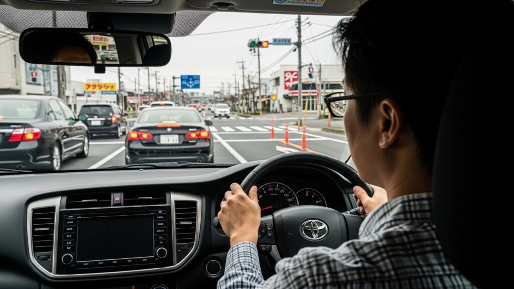 交差点の先まで視線を向け、遠くの交通状況を確認しながら走行する男性ドライバーの車内視点。
