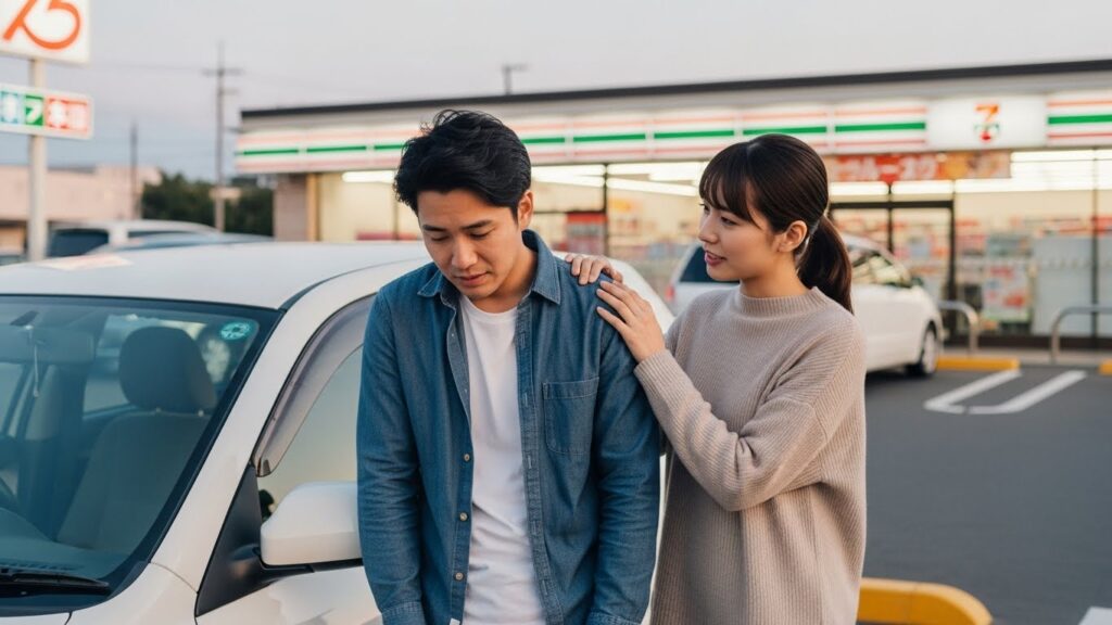 運転に落ち込み不安を感じている男性を、コンビニの駐車場で女性が優しく励ましている様子。運転の怖さは技術不足から生まれ