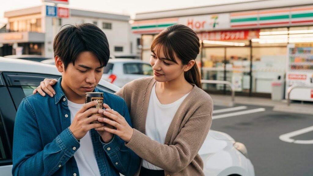 運転に自信をなくした男性に、コンビニの駐車場で女性が缶コーヒーを渡して励ましている様子。