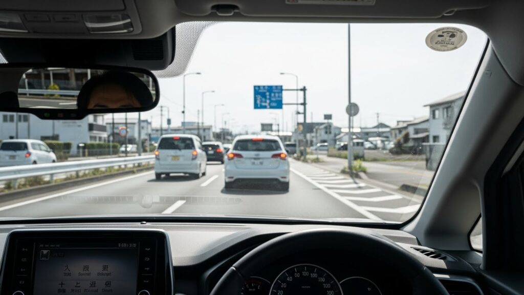 車内から見た前方の交通状況。視線が近くに集中している状態では、道路全体の流れを把握しにくく、判断が遅れやすくなることを示すイメージ。