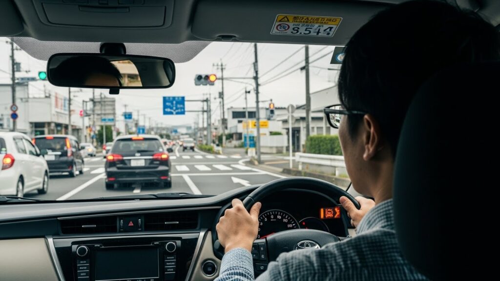 直進道路で前方の交通状況を確認しながら走行する日本人ドライバーの車内視点。車列の動きや信号を見て速度の流れを読み取っている様子がわかる。
