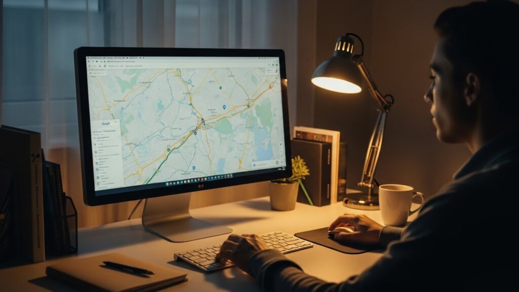 自宅のデスクでGoogleマップを使い、周辺の道路構造やルートを確認している様子。事前のルート設計で運転の不安を軽減するための準備シーン。