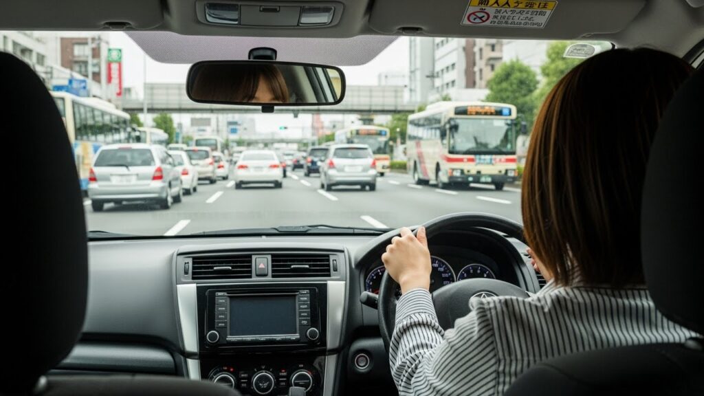 交通量の多い道路を走りながら、多くの確認対象に追われている初心者ドライバーの視点。