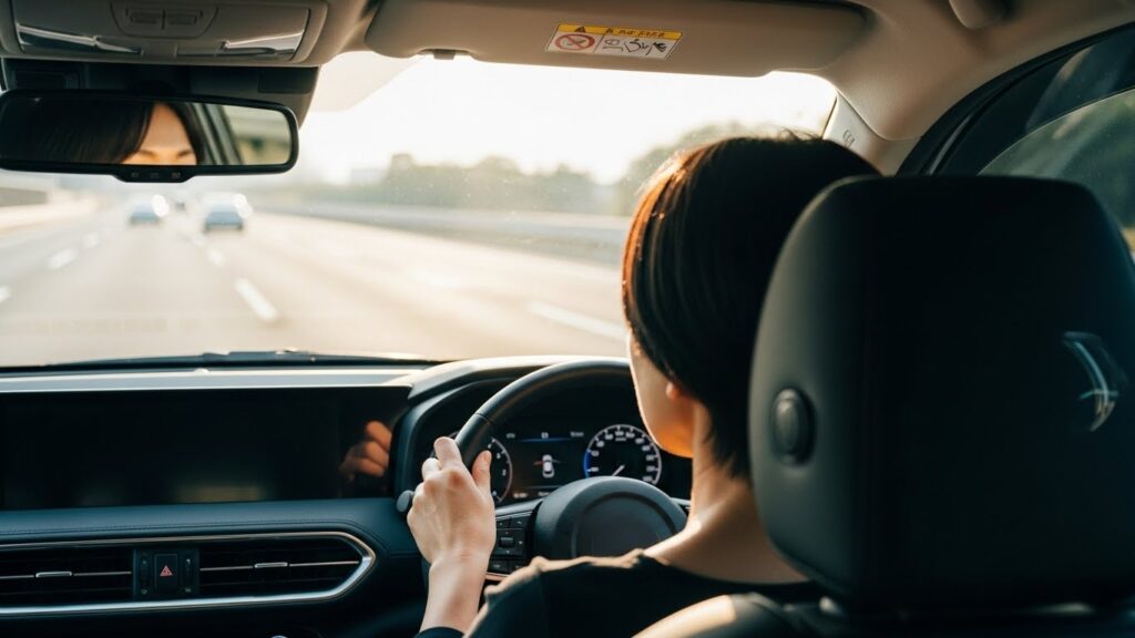高速道路を走る車を女性ドライバーが運転している様子。車内から見た視点で、速度に注意しながら走行している状況がわかる。