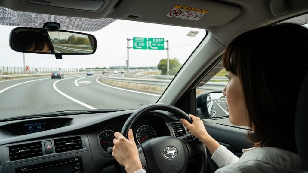 高速道路の合流レーンを走行する女性ドライバー。加速しながら進入タイミングを見極めている様子。