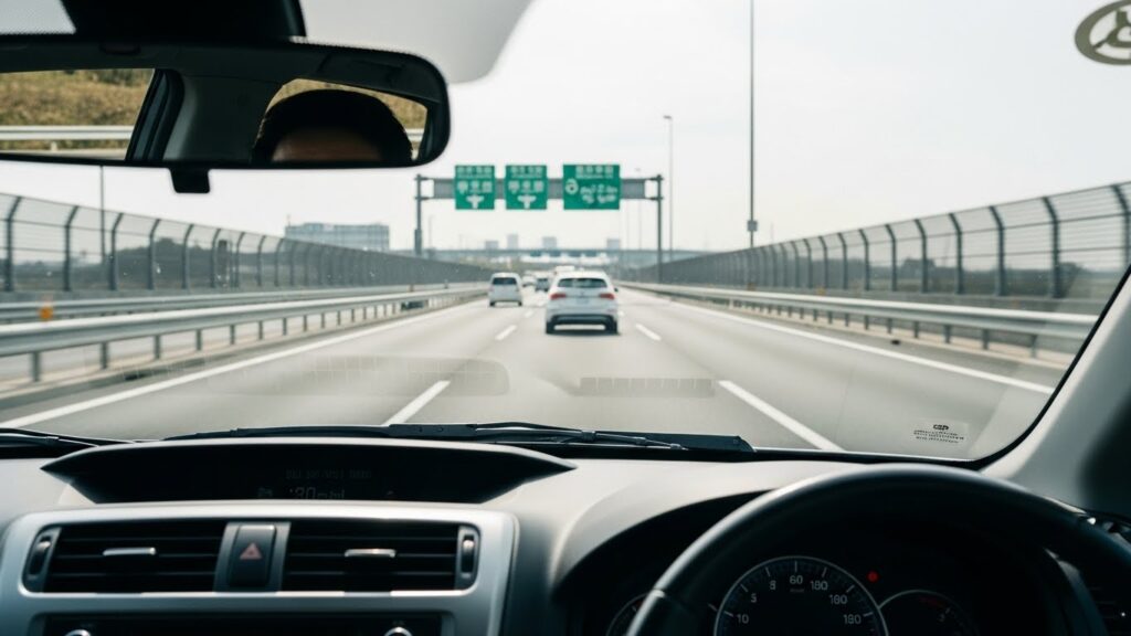 高速道路を走行しながら前方車両との車間距離を保っている車内視点。速度と距離の関係を掴む練習が重要であることを示すイメージ。