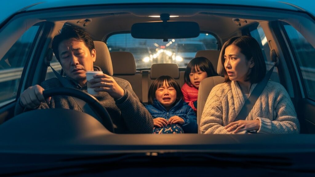 渋滞の夜道で疲労した父親がコーヒーを飲みながら運転し、後部座席では子どもが泣いている緊張感のある車内の様子。疲れによる反応遅れが起きやすい危険な状態を示すシーン。