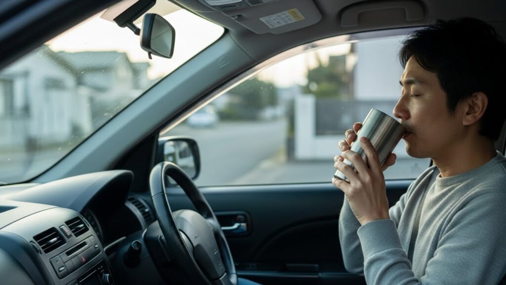 「朝の車内でステンレスタンブラーのコーヒーを飲む日本人男性。起床直後はカフェインの効果が出るまで時間がかかるため、運転前の飲み方に注意が必要であることを示す場面。」