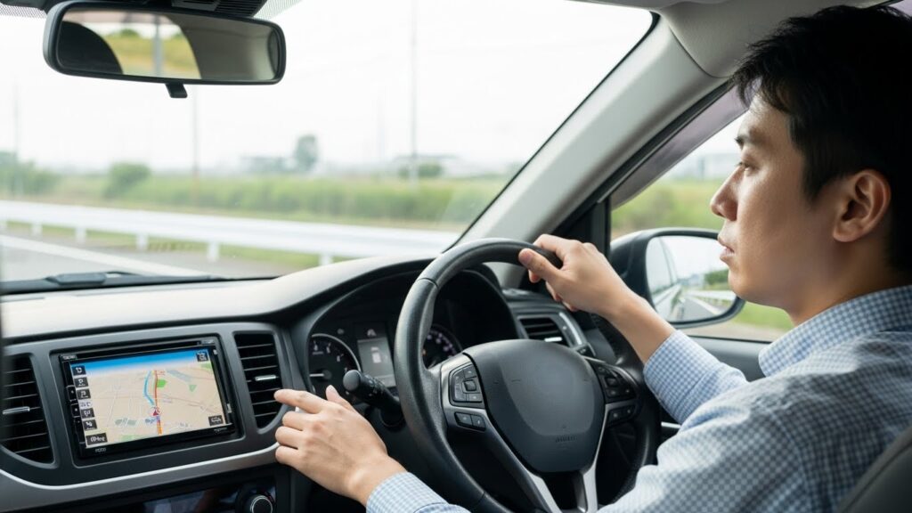 「走行中にナビを操作している日本人男性ドライバー。視線が前方から逸れて安全確認が不十分になる、ながら運転の危険性を示す場面。」