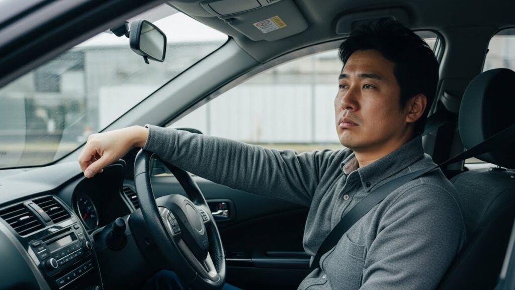 「朝、眠そうな表情で車を運転しようとしている日本人男性。脳や集中力が十分に働かない状態での朝の運転リスクを示すシーン。」