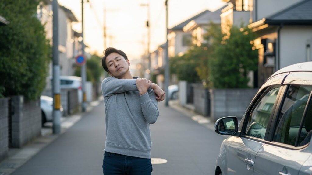 「朝の住宅街で、運転前に身体をほぐしてストレッチをする日本人男性。起床直後の低下した注意力を改善するための準備行動を示す場面。」