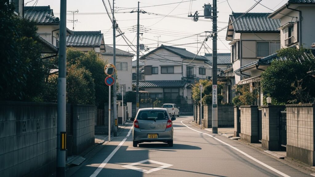 住宅街の生活道路を走る車の後ろ姿。複数のルートを把握することで、交差点やカーブなどの注意ポイントを事前にイメージしやすくなる様子を示すシーン。
