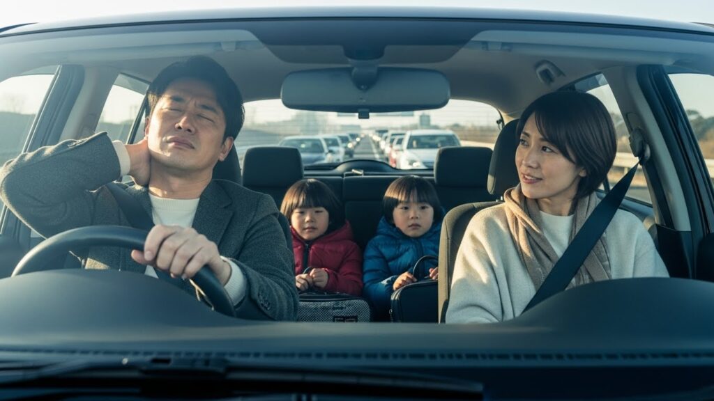 年末の渋滞で首の痛みを感じながら運転する男性と、車内で過ごす家族の様子