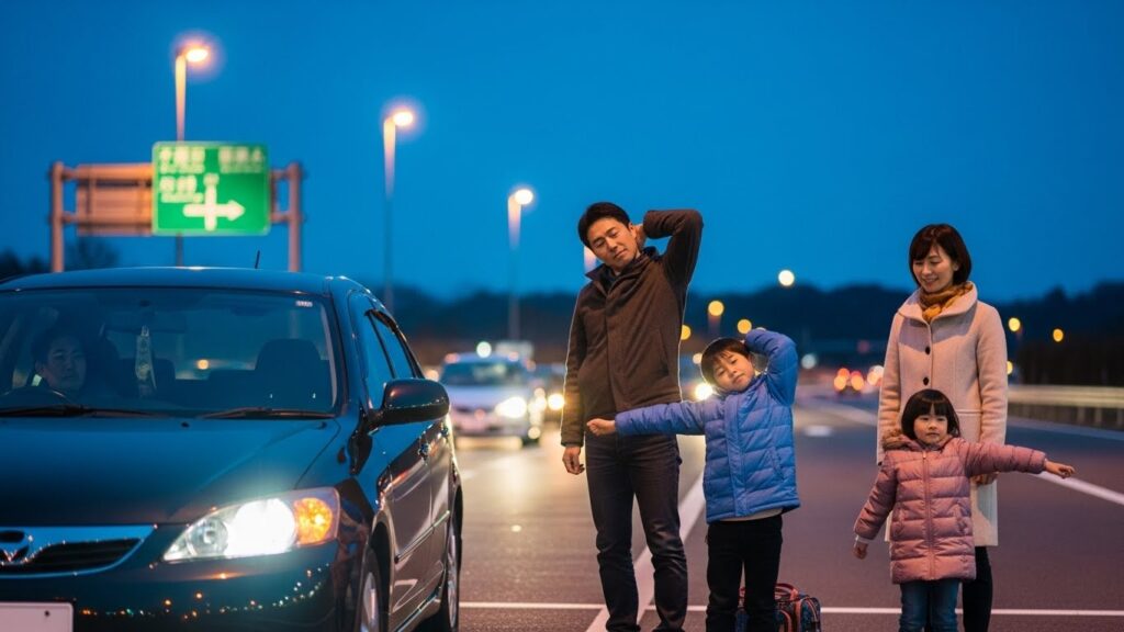 夜の渋滞で車を止め、父と子どもが首や体を伸ばして疲れをほぐしている様子