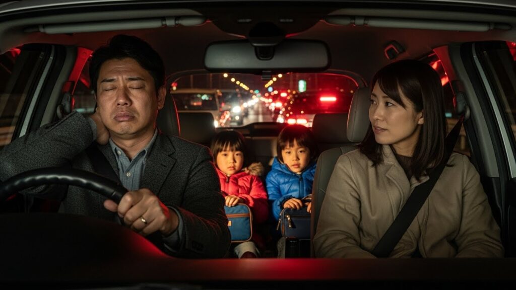 夜の渋滞で首の痛みを感じながら運転する男性と、不安そうに見守る家族の様子