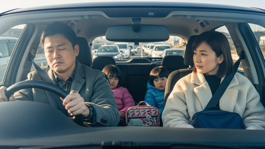 年末年始の渋滞で疲労が蓄積した運転手と、車内で不安そうに過ごす家族の様子