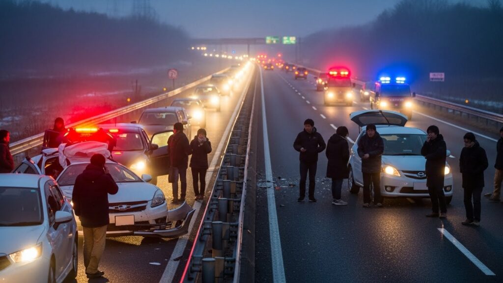 年末年始の高速道路で発生した多重事故と渋滞の様子。警察車両の赤色灯と渋滞車列、路肩で対応する人々が映っている。