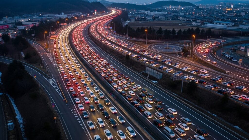 年末年始の高速道路で大渋滞が発生している様子を上空から捉えた写真。無数の車列が夜景の中で赤いブレーキランプを灯している。