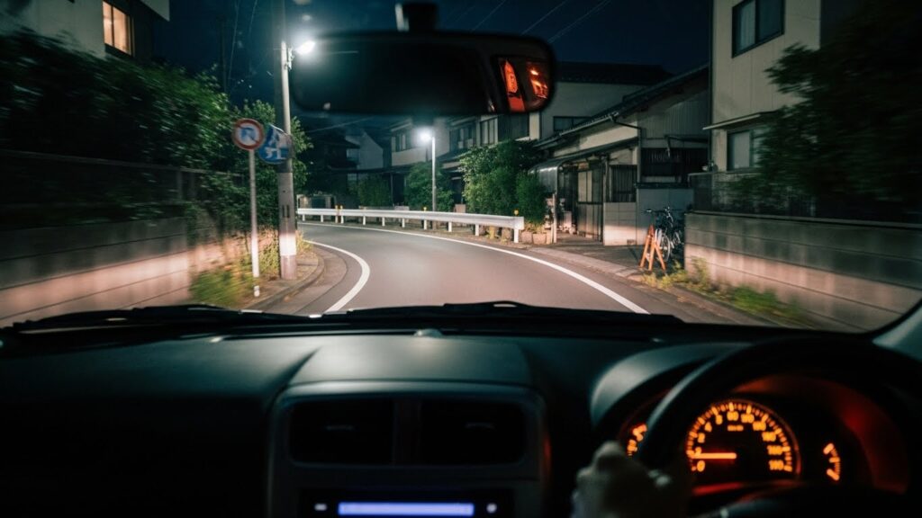 夜の生活道路を走行する車内から見たカーブの様子。街灯に照らされた道をゆっくり進み、時間帯によってルートを使い分ける重要性を示すシーン。
